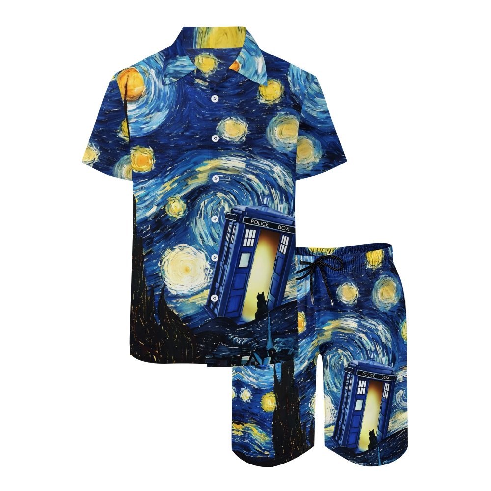 Flip The Starry Sky And Cat Hawaiian Shirt Set