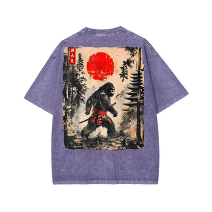 Funny Samurai Ukiyo-e Vintage Graphic Washed T-shirt