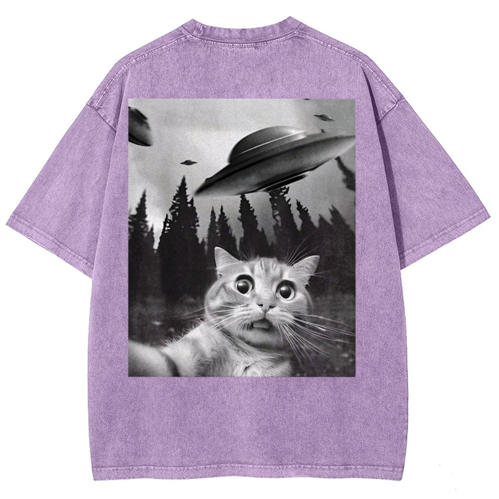 Ufo Cat Back Washed T-Shirt
