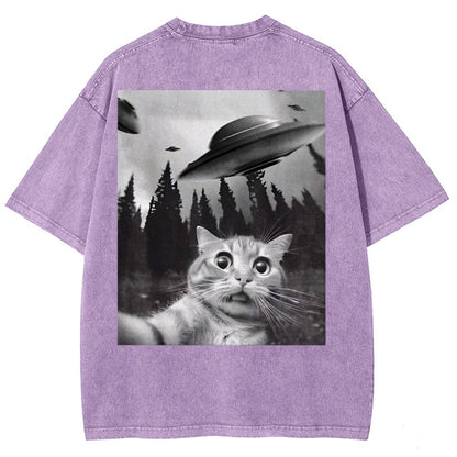 Ufo Cat Back Washed T-Shirt