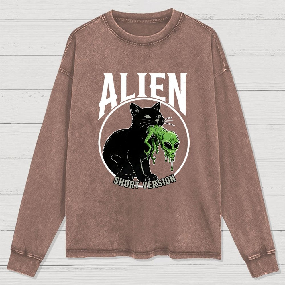 Black Cat Eating Alien Washed Long Sleeve Tee