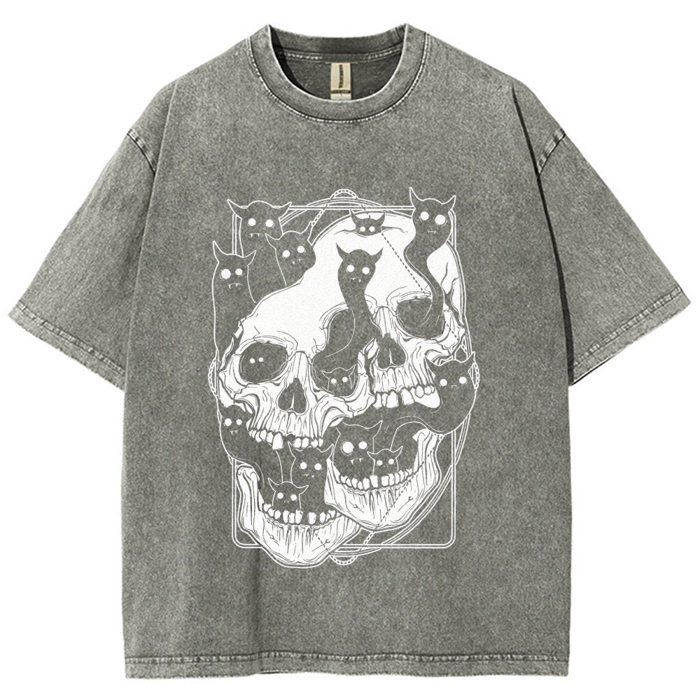 Cat Ghost Double Skull Vintage Distressed T-shirt