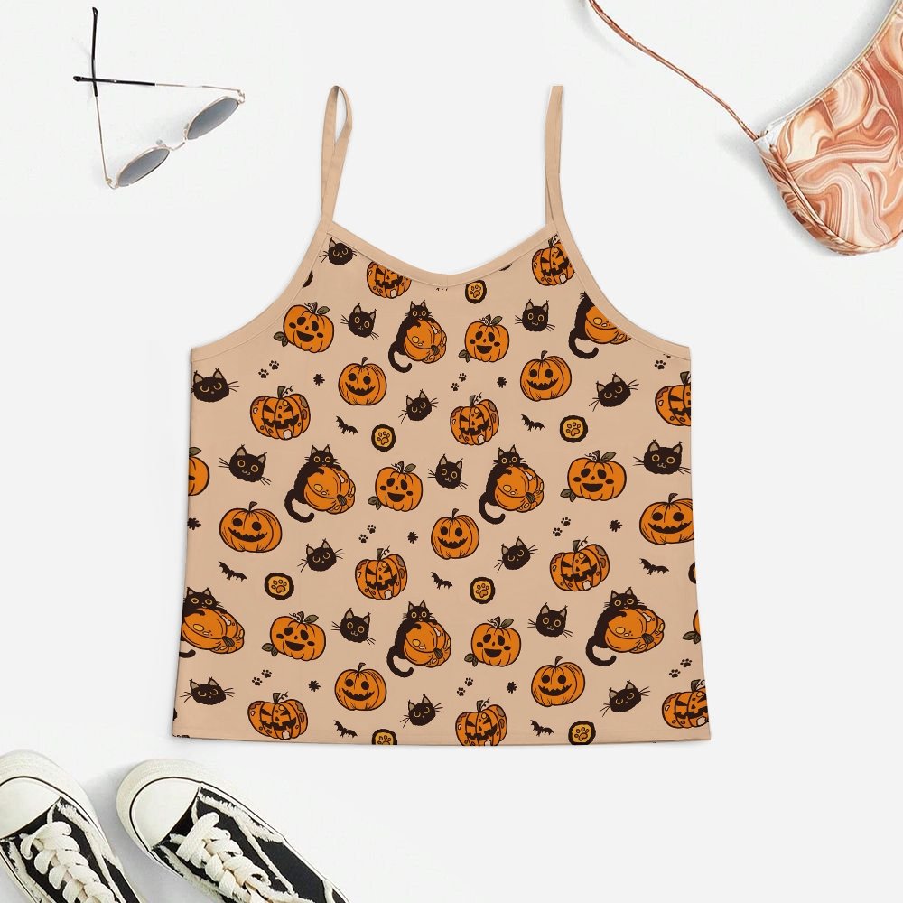 Pumpkin Black Cat Halloween Women's Geek Suspender Cami Set