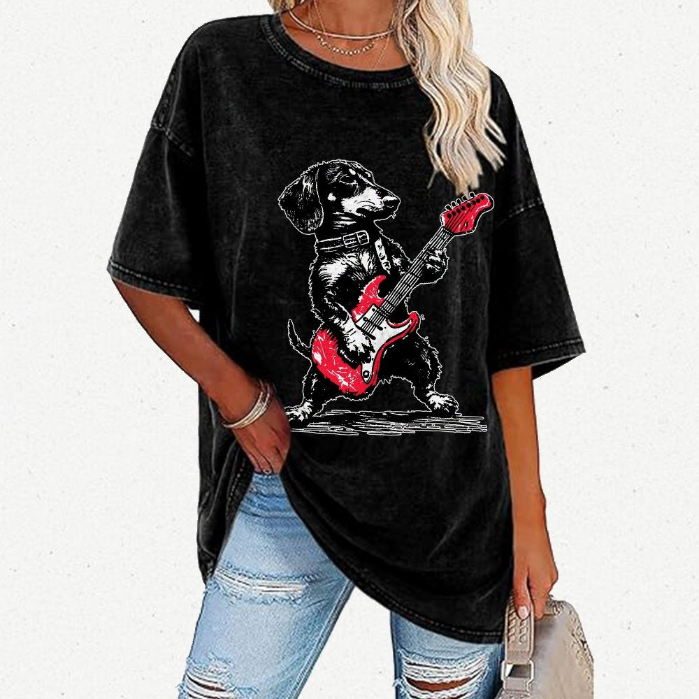 Dachshund Weenie Playing Guitar Vintage Distressed T-shirt