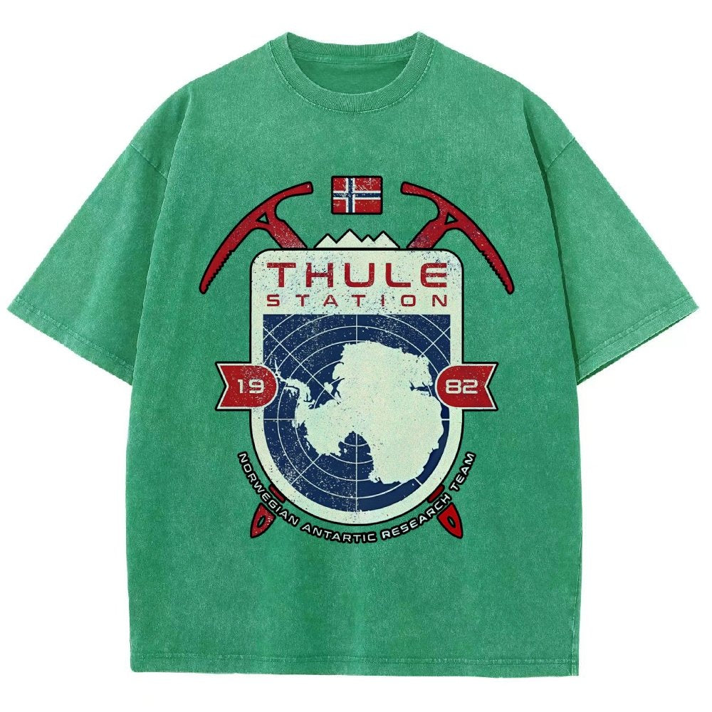 Vintage Distressed T-shirt with a Mysterious Station