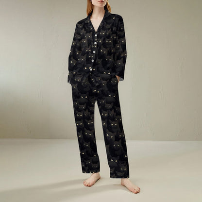 Black Cat Art Print Geek Long Sleeve Pajama Set