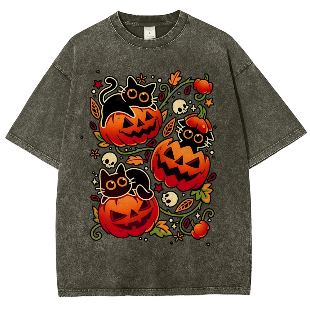 Black Cat Pumpkin Halloween Party Vintage Distressed T-shirt