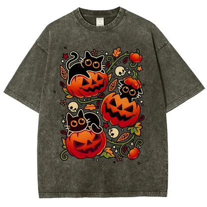 Black Cat Pumpkin Halloween Party Vintage Distressed T-shirt