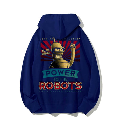 Power To The Robots Printed Back Cotton Hoodie