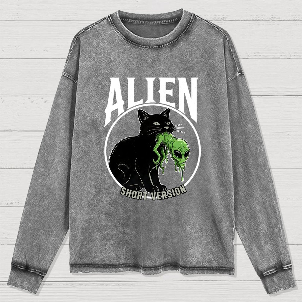 Black Cat Eating Alien Washed Long Sleeve Tee