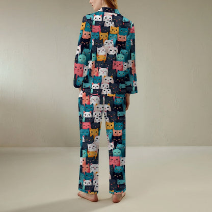Cat Art Print Geek Long Sleeve Pajama Set