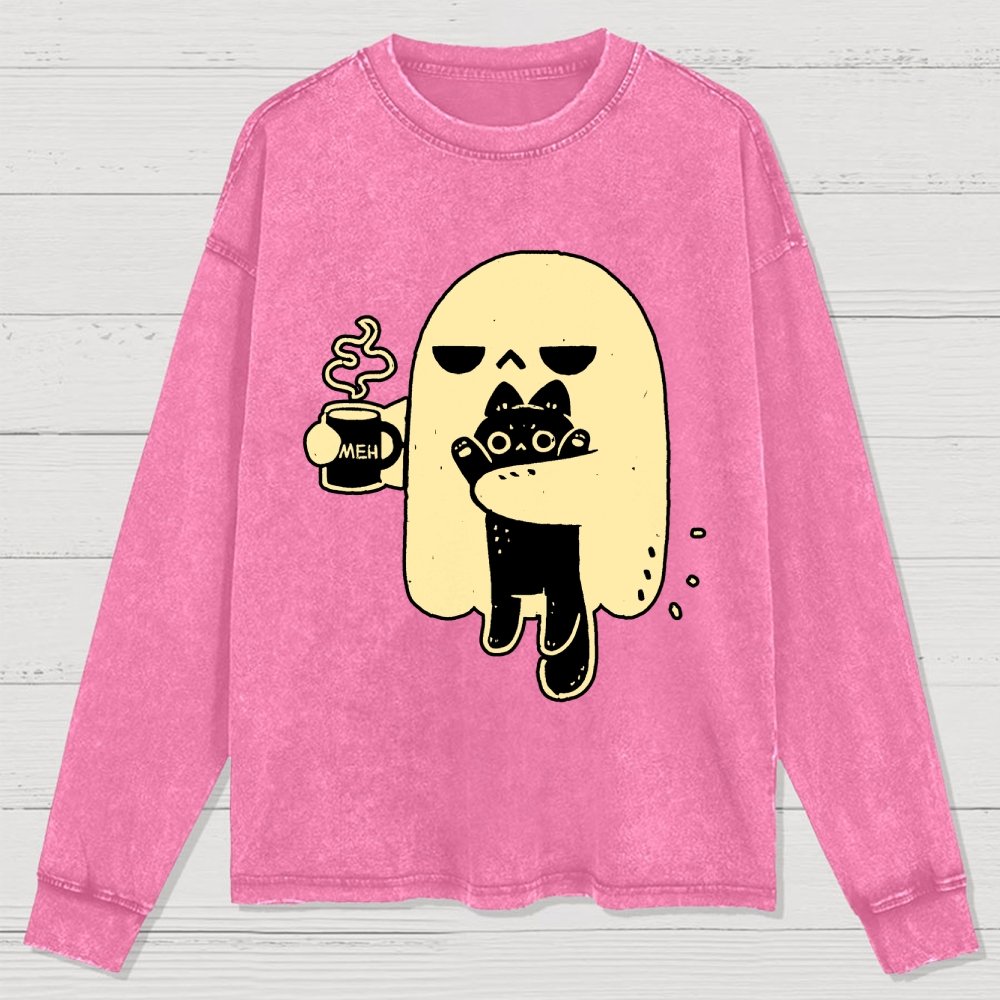 Cute Ghost Holding Cat Washed Long Sleeve Tee
