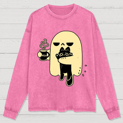 Cute Ghost Holding Cat Washed Long Sleeve Tee