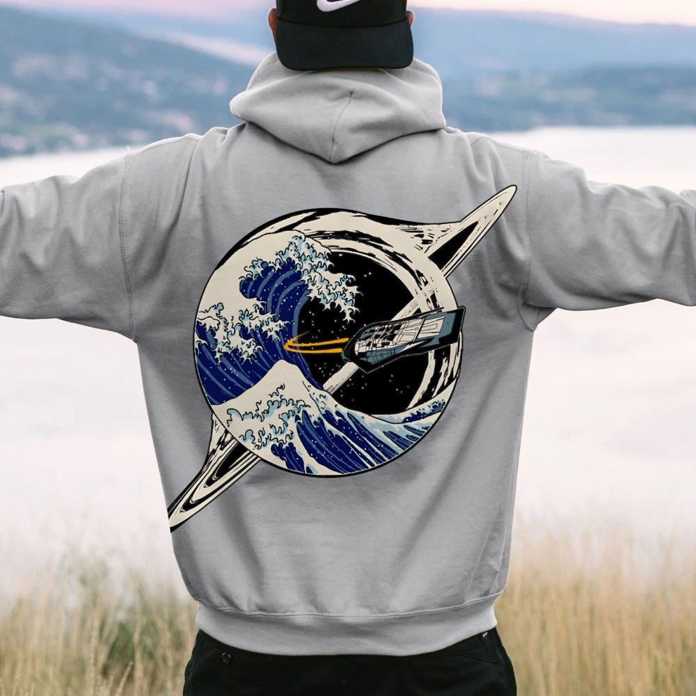 Interstellar Kanagawa Wave Printed Back Cotton Hoodie
