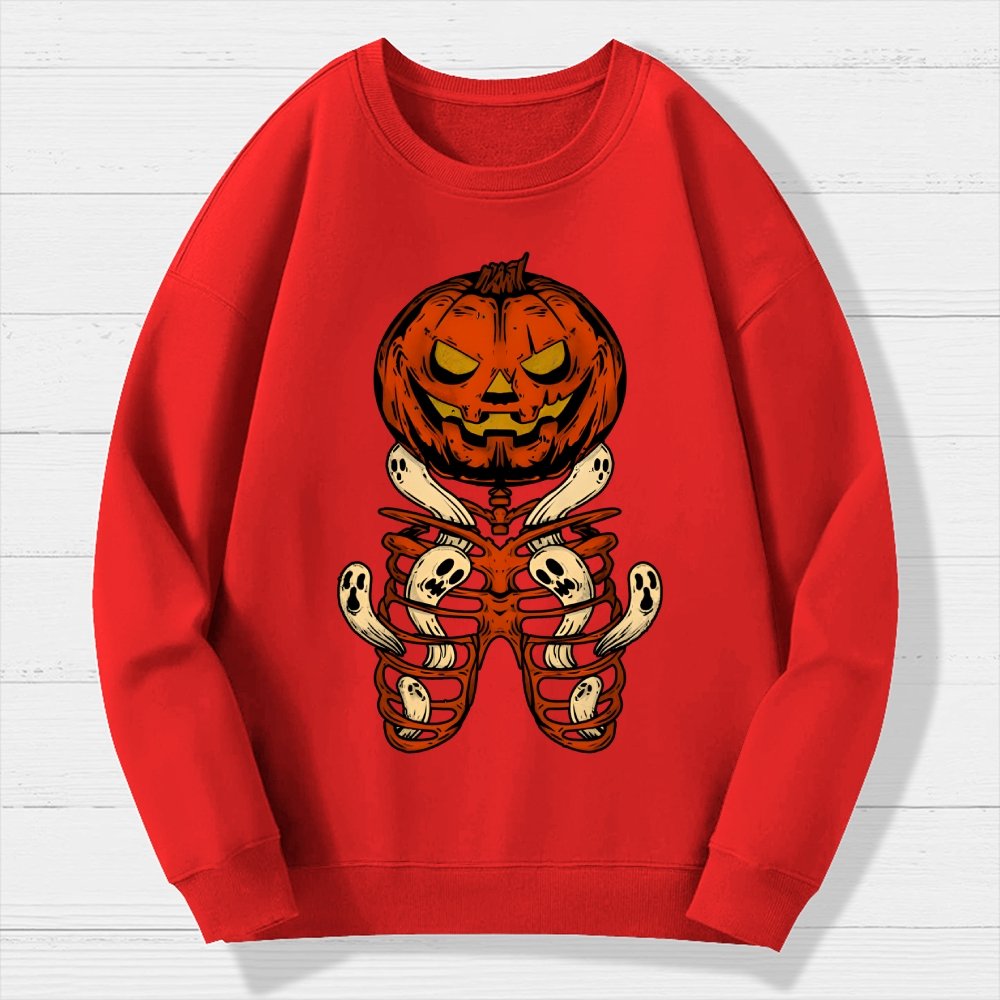 Vintage Halloween Pumpkin Skeleton Ghost Geek Cotton Sweatshirt