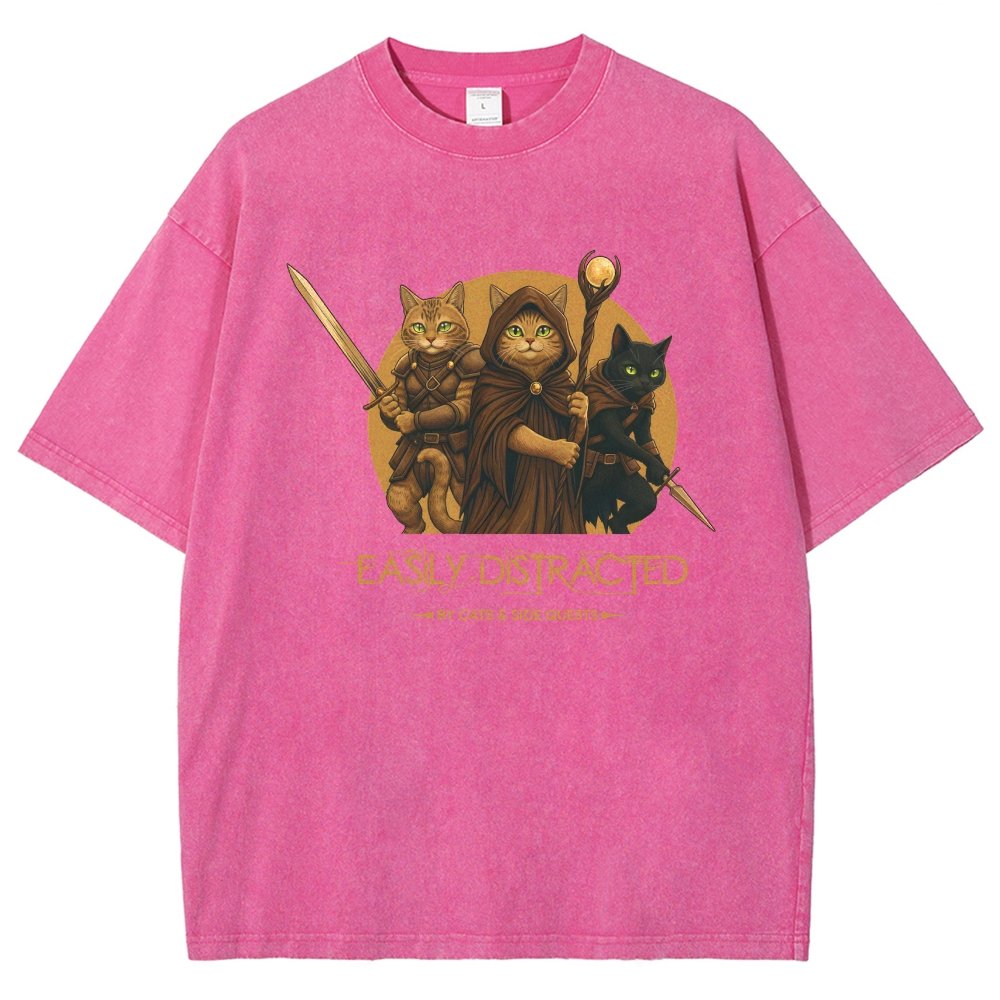 Easily Distracted By Cats And Side Quests Vintage Distressed T-shirt