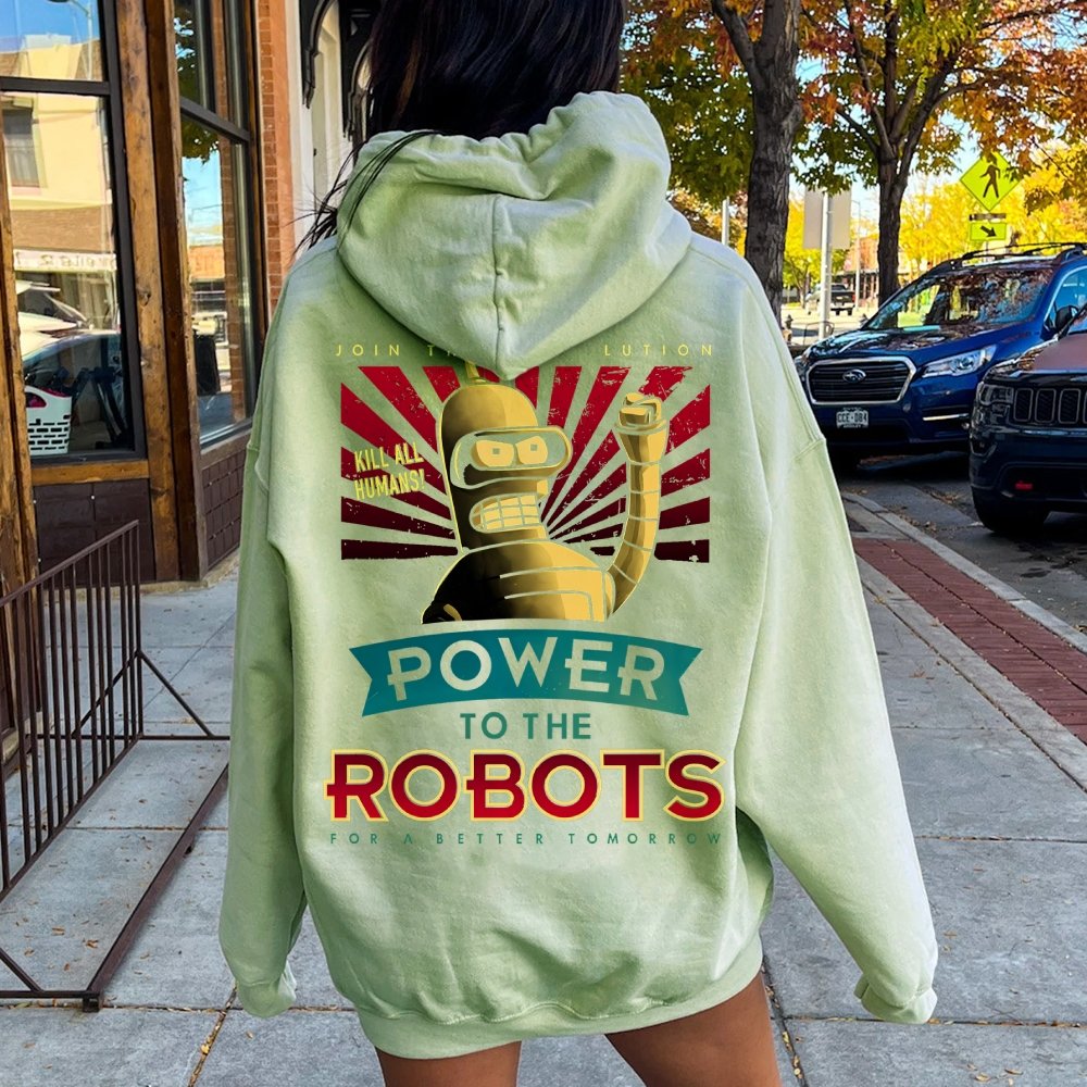 Power To The Robots Printed Back Cotton Hoodie