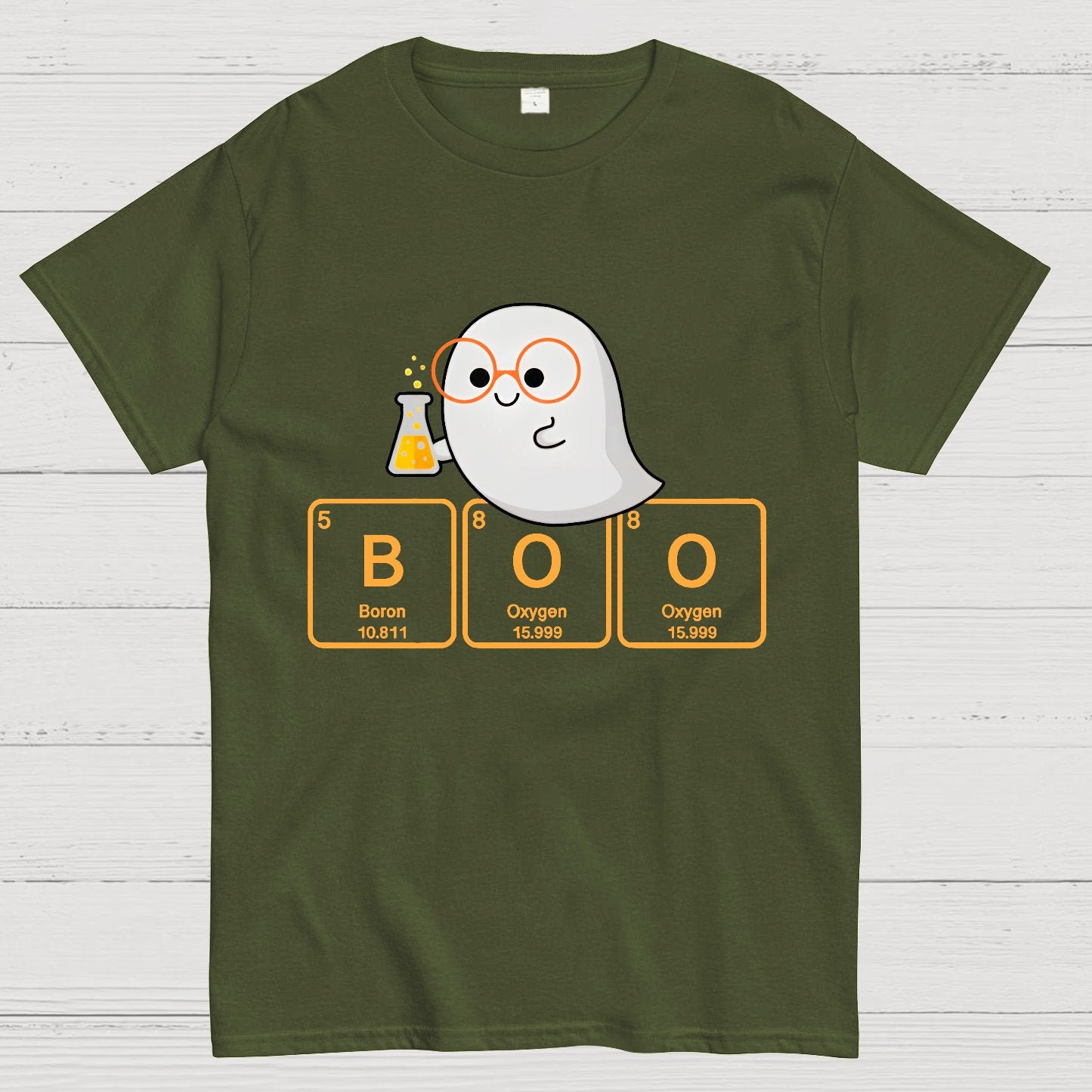 Ghost Scientist With Periodic Table of Elements that Spell BOO, Halloween Geek T-Shirt