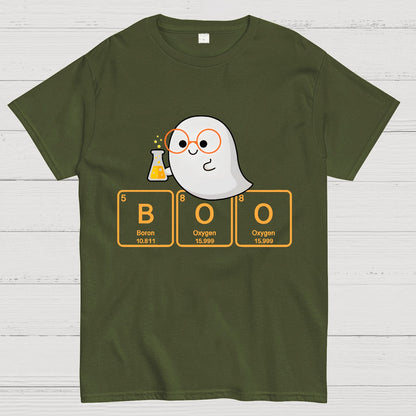 Ghost Scientist With Periodic Table of Elements that Spell BOO, Halloween Geek T-Shirt