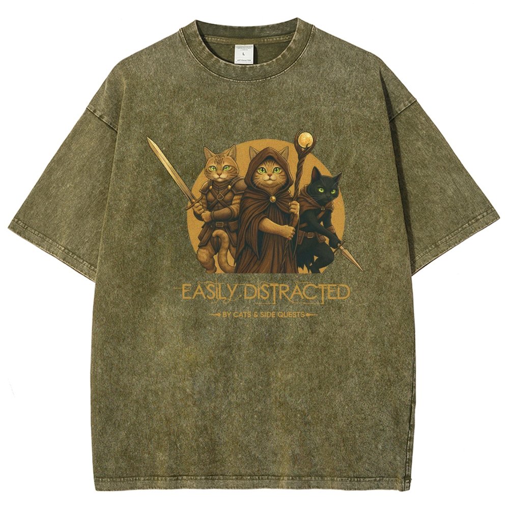 Easily Distracted By Cats And Side Quests Vintage Distressed T-shirt