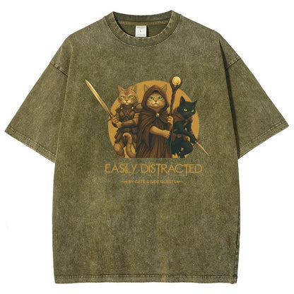 Easily Distracted By Cats And Side Quests Vintage Distressed T-shirt