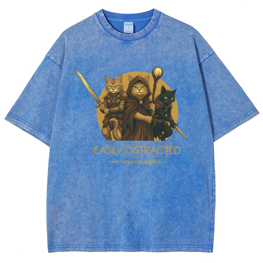 Easily Distracted By Cats And Side Quests Vintage Distressed T-shirt