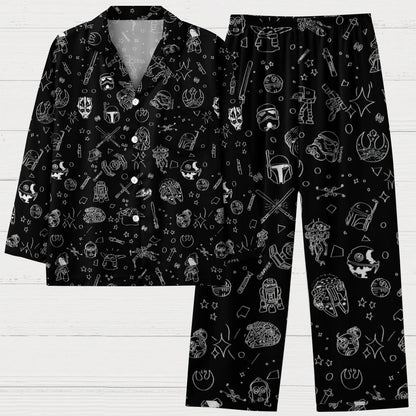 Simple Strokes Of Planet Spaceship Geek Long Sleeve Pajama Set
