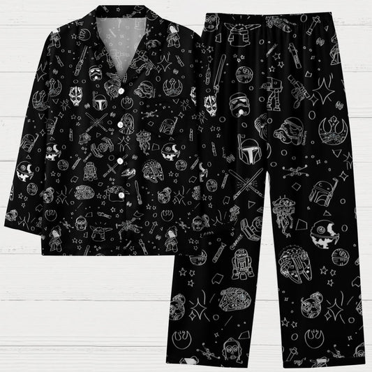 Simple Strokes Of Planet Spaceship Geek Long Sleeve Pajama Set