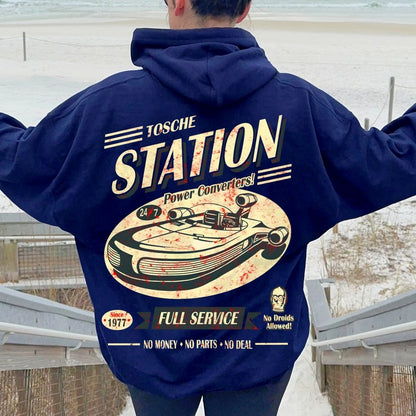 Classic Printed Back Cotton Hoodie with a Fictitious Location Design