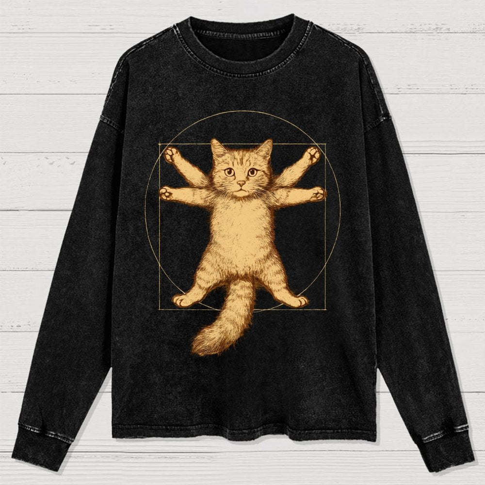 Leonardo Da Vinci-Inspired Vintage Cat Washed Long Sleeve Tee