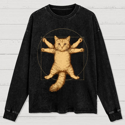 Leonardo Da Vinci-Inspired Vintage Cat Washed Long Sleeve Tee