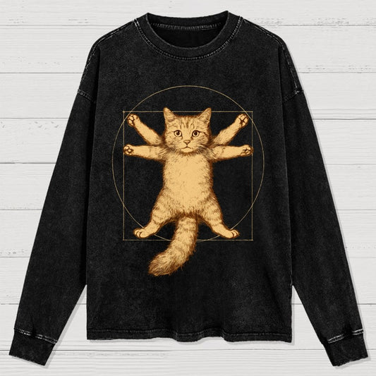 Leonardo Da Vinci-Inspired Vintage Cat Washed Long Sleeve Tee