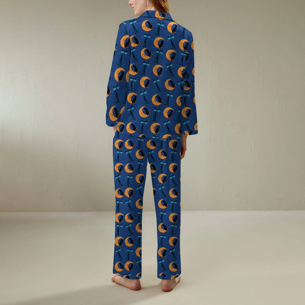Moon Black Cat Print Geek Long Sleeve Pajama Set