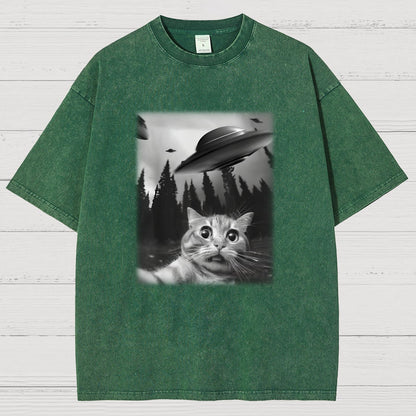 Cat With UFOs Vintage Distressed T-shirt