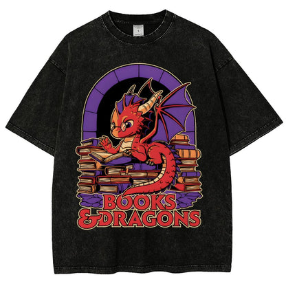 Books and Dragons Vintage Distressed T-shirt