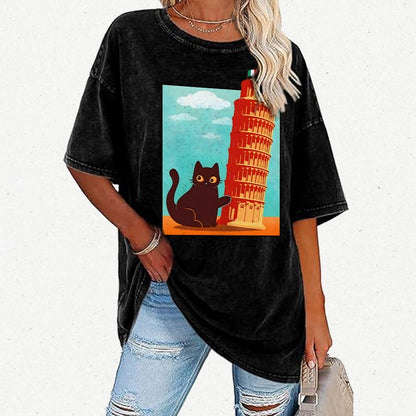 Purrfectly Tilted Funny Cat 。png Vintage Distressed T-shirt