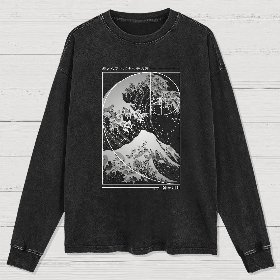 The Great Wave Of Fibonacci Spiral Geek Washed Long Sleeve Tee