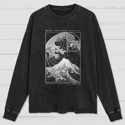 The Great Wave Of Fibonacci Spiral Geek Washed Long Sleeve Tee