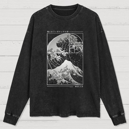 The Great Wave Of Fibonacci Spiral Geek Washed Long Sleeve Tee