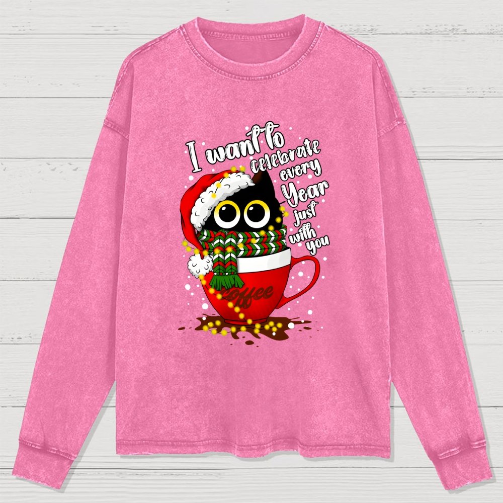 Christmas Cat Washed Long Sleeve Tee