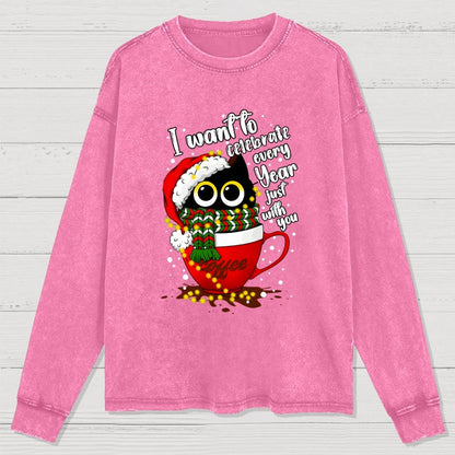 Christmas Cat Washed Long Sleeve Tee