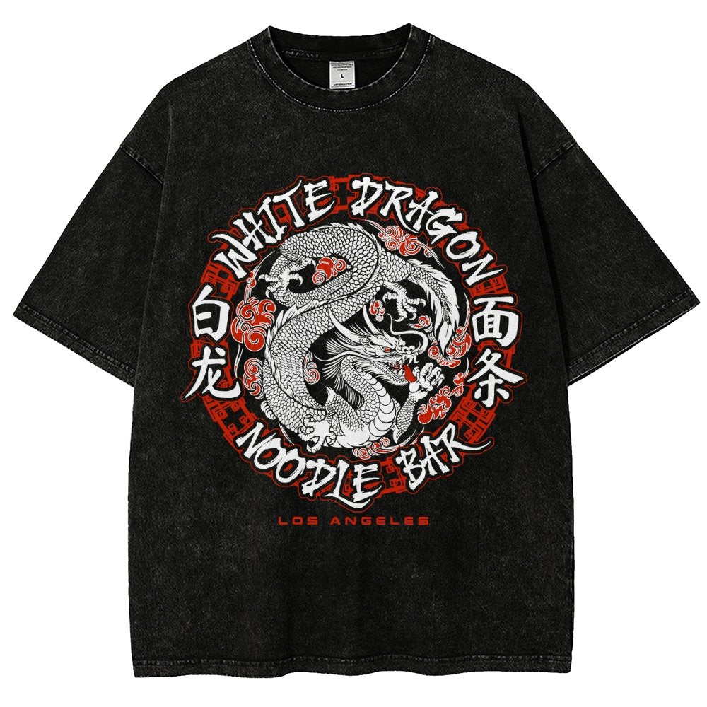White Dragon Noodle Bar Oversized Vintage Distressed T-shirt