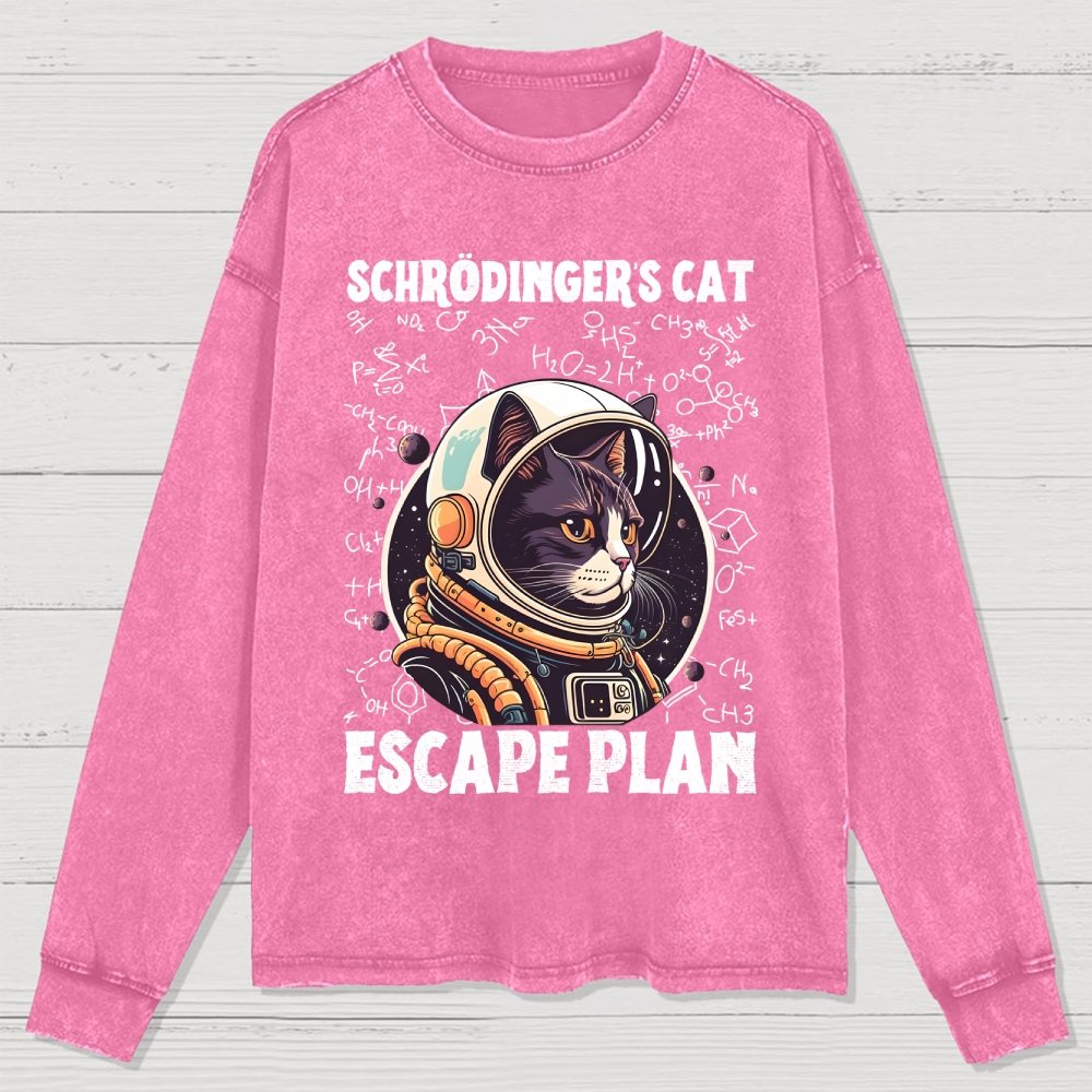 Funny Schrödinger's Cat Escape Plan Science Washed Long Sleeve Tee