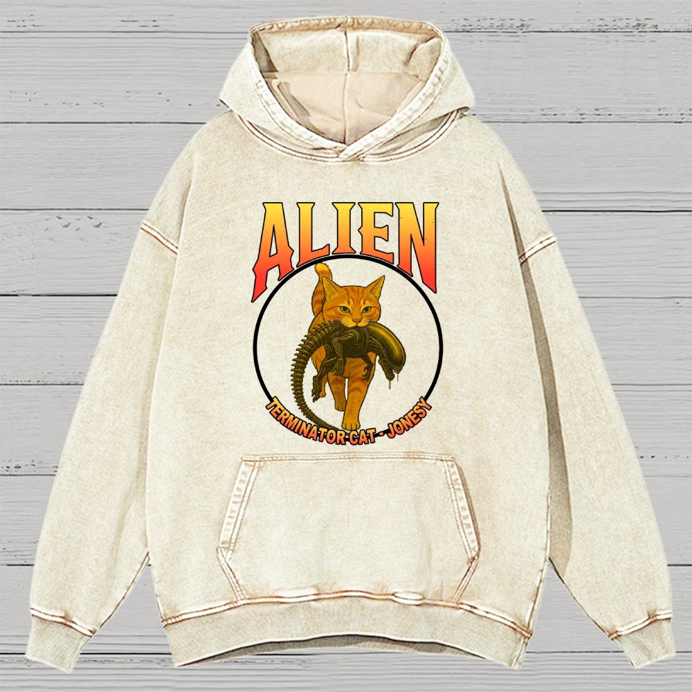 Black Cat Eating Alien Vintage Distressed Hoodie