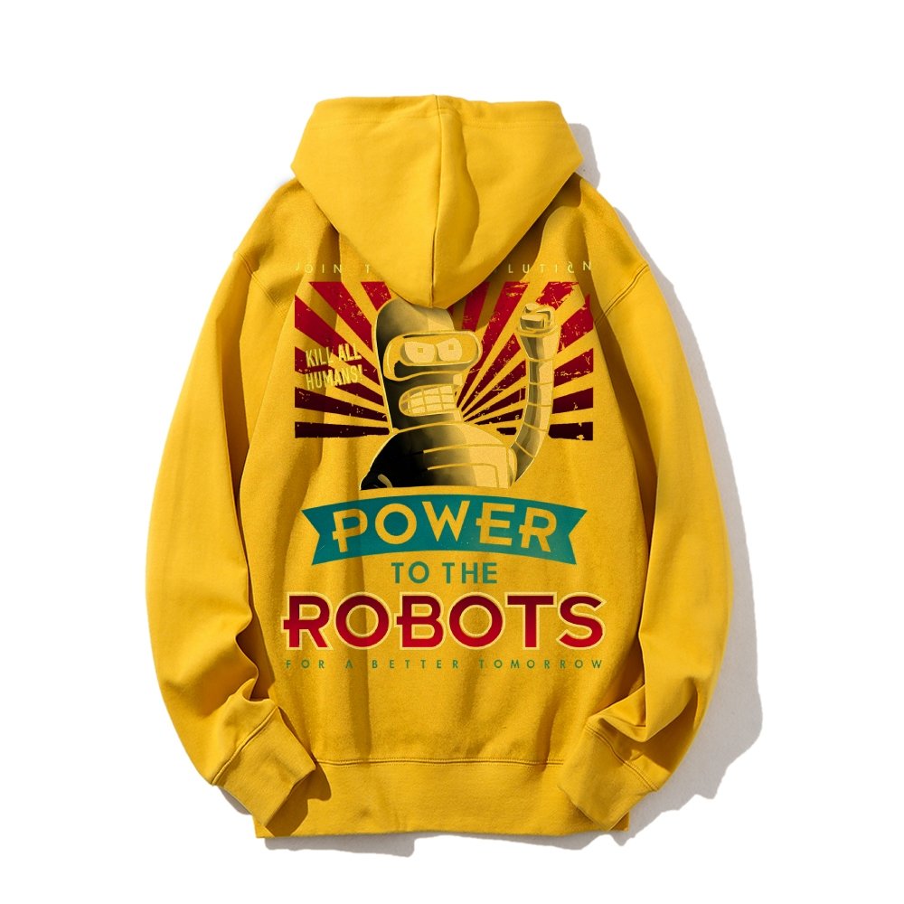 Power To The Robots Printed Back Cotton Hoodie