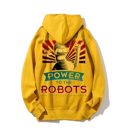 Power To The Robots Printed Back Cotton Hoodie