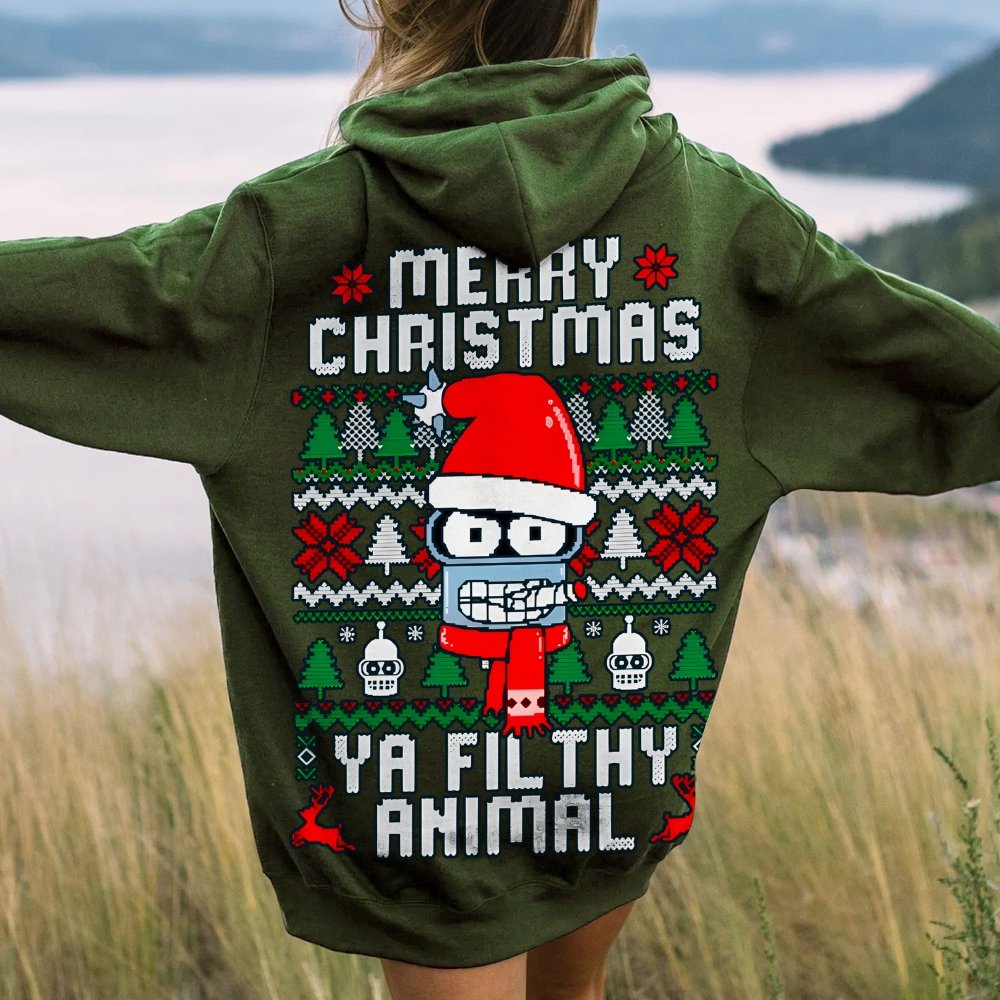 Merry Christmas Ya Filthy Animal Printed Back Cotton Hoodie
