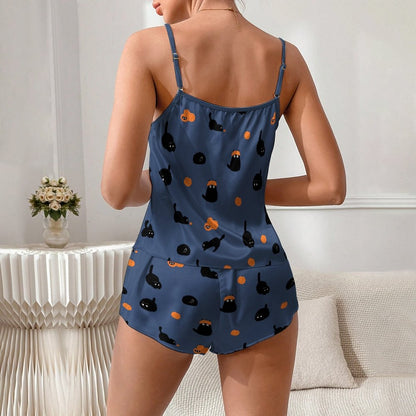Halloween Pumpkin Black Cat Women's Geek Suspender Cami Set