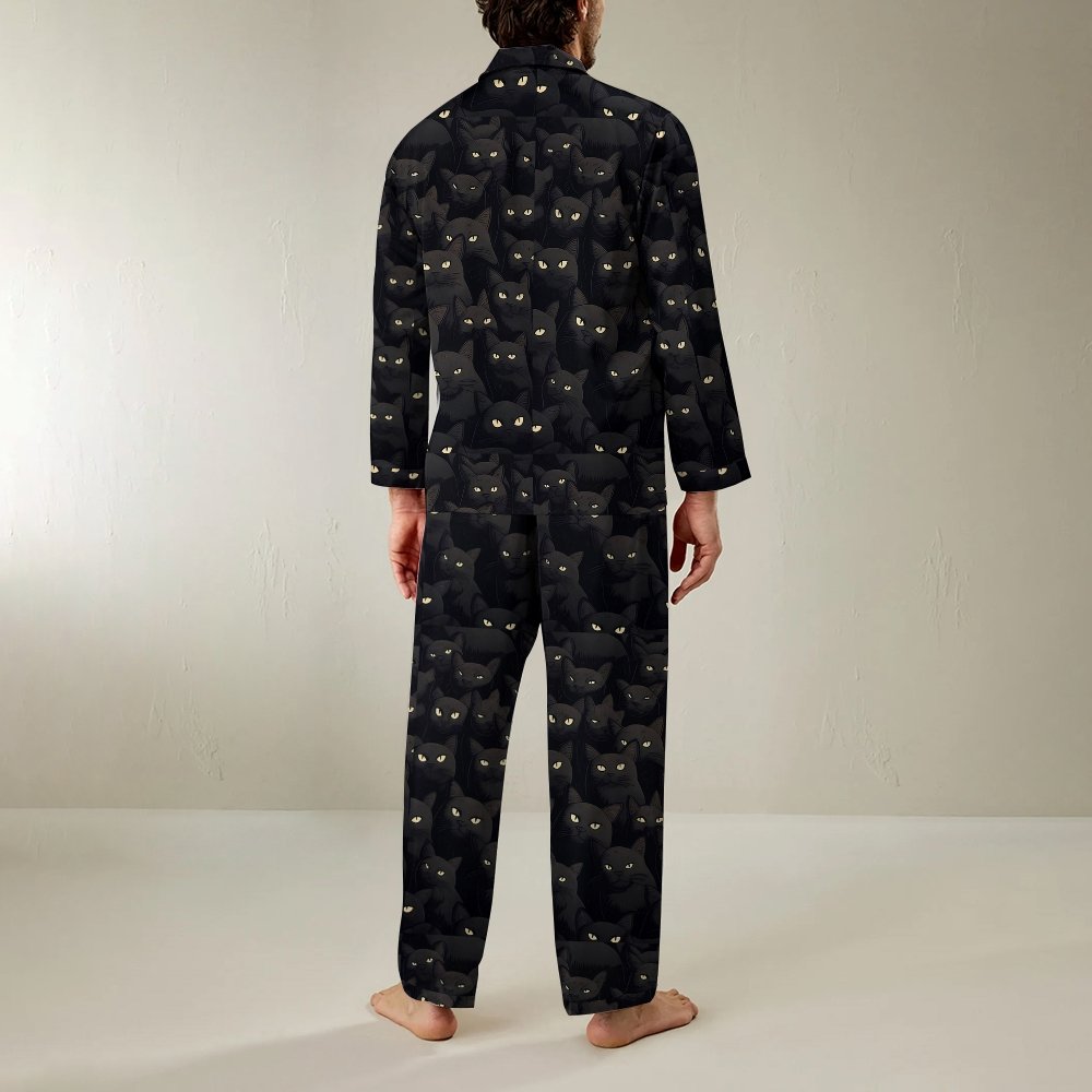 Black Cat Art Print Geek Long Sleeve Pajama Set