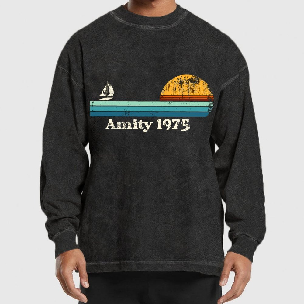 Amity 1975 Sunset Retro Sailboat Sunrise Summer Washed Long Sleeve Tee